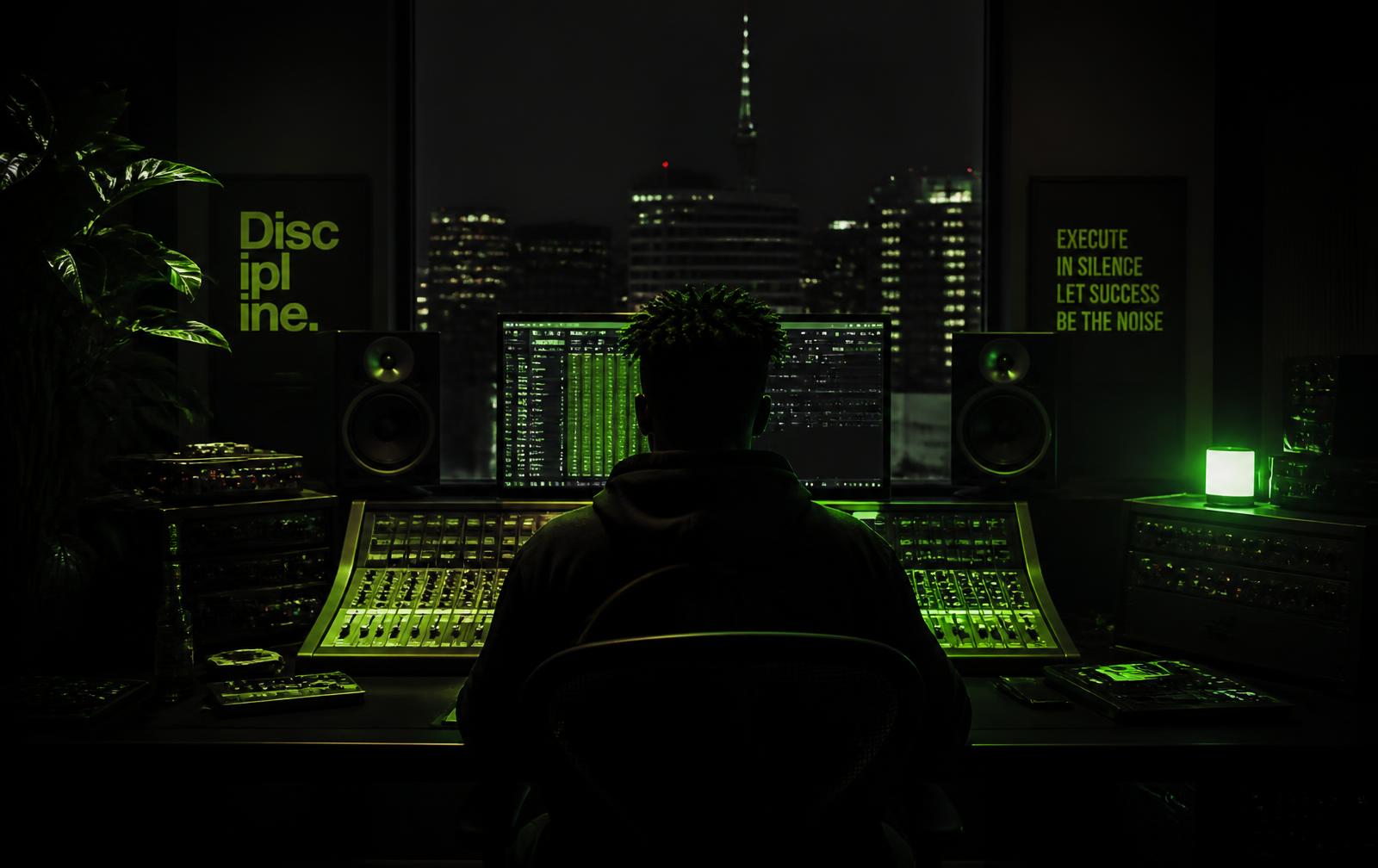 Produtor musical trabalhando em estúdio escuro com iluminação vermelha